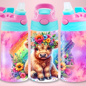 12 Oz Tumbler Wrap For Kids Cow Sublimation Design Kids Water Bottle Flip Top Sippy Cup Tumbler Wrap PNG Cute Farm Straight Tumbler Png