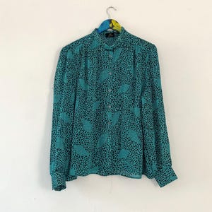 Vintage 80s Silky Teal Animal Print Blouse Size L