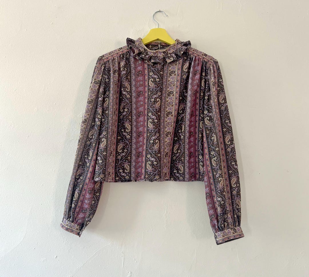 Vintage 70s Ruffle Collar Purple Paisley Striped Cropped Blouse Size - Etsy
