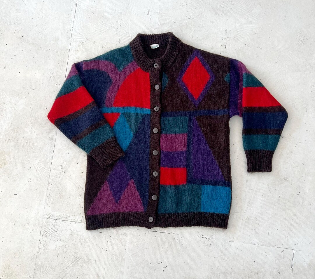 Vintage 80s Geometric Black Mohair Button up Cardigan Size M