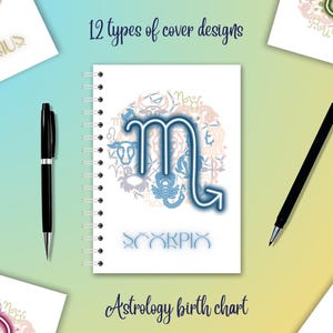 Lindo cuaderno del zodiaco con carta natal y bordes de colores. Lindo diario de neón con signo astrológico. Gráfico, cuadrícula de puntos, ancho, rayas universitarias