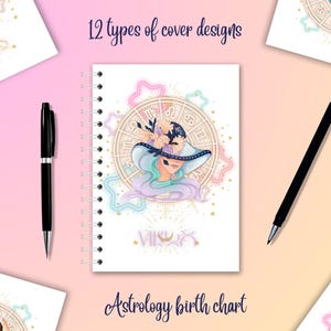 Quaderno zodiacale con tema natale. Grazioso quaderno pastello con segno zodiacale come ragazza. Stile neon. Grafico, griglia di punti, largo, a righe college