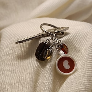 Coffee keychain, cute bag charm, pendant with coffee beans. Custom set on a clip or key ring. Small items, unique present, coffee cup charm