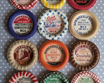 12 vintage dairy farm milk bottle caps wax cardboard rim retro rural country kitchen home decor mid century cook junk journal ephemera paper