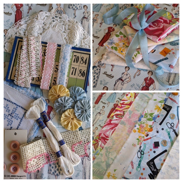 Simplicity Fabric Bundle. slow stitch junk journal sewing kit. vintage pastel textile variety. DMC thread. embroidery. crocheted trim lace.