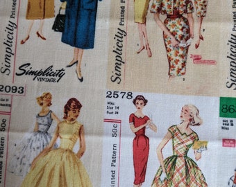 Simplicity retro fashion fabric. vintage sewing pattern styles. clothing designs. junk journal sew stitch book textile. mid century dresses.