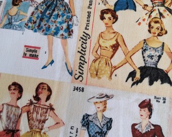 Simplicity retro fashion fabric. vintage sewing pattern styles. clothing designs. junk journal sew stitch book textile. mid century dresses.