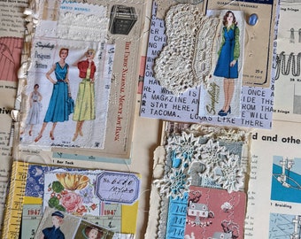 sewing junk journal snippet collage embellishments. vintage stitched fabric paper journal cluster scraps. art planner. Simplicity collage.