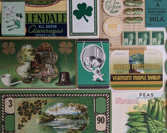 Green junk journal layout. March paper ephemera St. Patrick's Day. vintage postcards. labels. postage stamps. peas seed envelope. shamrock.