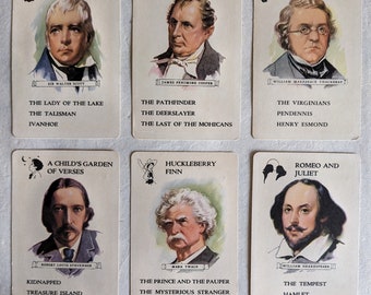 6 Author game cards. vintage literary paper ephemera. junk journal cards. reading book club library authors classic literature writers