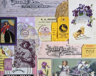 Spring junk journal paper ephemera layout. vintage postcard. billhead. dairy eggs receipt. spring yellow purple collage. New York Farmers.