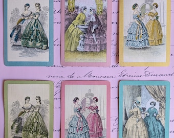 Vintage FRENCH Fashion CARDS (Group of 6) Journal Paper Ephemera. Paris Les Modes Godey LADIES fashion society gowns dresses garden Paris