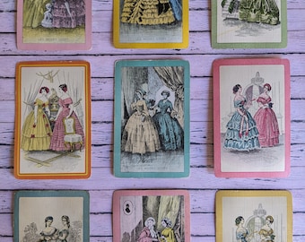 9 vintage French junk journal cards. illustrated paper ephemera. Paris fashion Les Modes Godey Ladies society dresses. garden architecture.