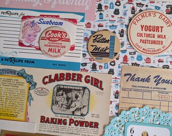 Mother's Kitchen junk journal layout. vintage baking cookingpaper ephemera. recipes groceries receipts dairy. Clabber Girl. Sunbeam girl.