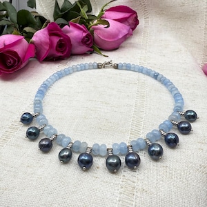 Aquamarine & Black Pearl Choker | One of a Kind | Natural Gemstones | Memory Wire Necklace | O-Ring Clasp | Silver Tone Findings
