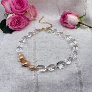 Chunky Mountain Crystal Nugget Necklace with Baroque Peach Pearls – Adjustable Length – Bold Statement Jewelry, Natural Freshwater Pearls