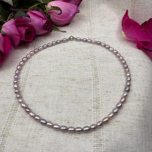 Lavender Pink Natural Pearl Necklace in Sterling Silver 925, Freshwater Pearl Choker, Oval Shape Real Pearls, Silver Pink Pearl Necklace