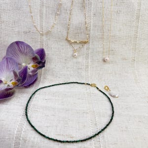 Dainty Malachite Layering Necklace, AAA Malachite Choker, Layered Gem, Chains & Pearl Necklace, Natural Pearl Pendant, Gift for Wife, Bridal