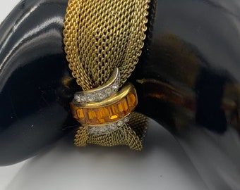 Vintage 1950s Emmons Signed Goldtone Mesh 6.5” Bracelet Faux Topaz Clear Rhinestones Estate Purchase