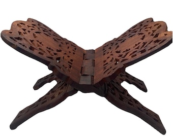 Book Holder Stand Shelf VTG Ornate Hand Carved Wood Folds Asian Oriental Decor