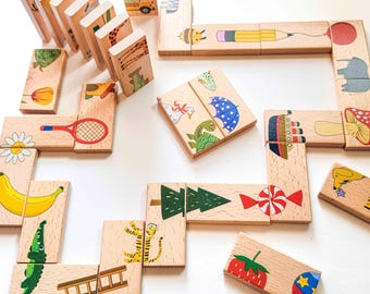 Custom Name Kids Gift Ages 3+ - Personalized Wooden Domino Puzzle - Montessori Matching Game - Animal Travel Toy Boys Girls Age 3 4 5 6 7 8