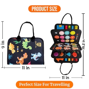 May include: A black travel activity center with a dinosaur design, measuring 9 inches by 11 inches when closed and 19.2 inches tall when open. Features include buttons, shapes, and numbers for educational play.