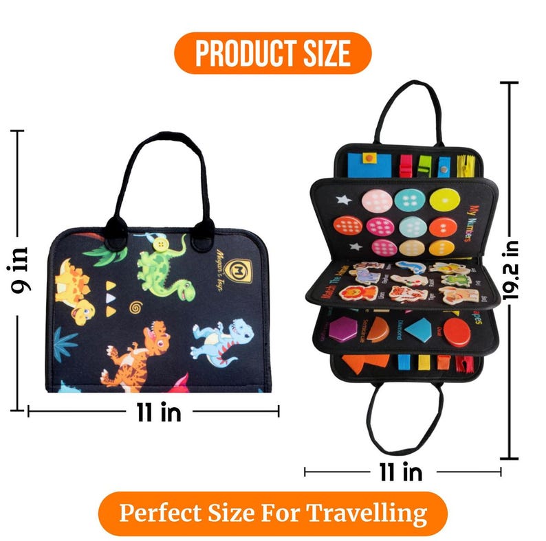 May include: A black travel activity center with a dinosaur design, measuring 9 inches by 11 inches when closed and 19.2 inches tall when open. Features include buttons, shapes, and numbers for educational play.