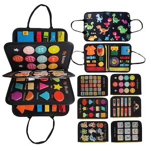 May include: A black felt activity board with multiple panels featuring various educational elements. Includes shapes, numbers, colors, and alphabet activities. The board has handles and multiple interactive components for learning and play.
