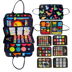 May include: A black felt busy board activity bag featuring multiple educational panels with colorful shapes, numbers, letters, weather icons, and dinosaur prints. The set includes various interactive elements like zippers, buttons, and buckles for learning.