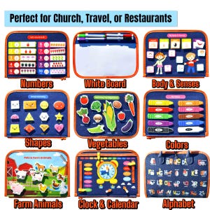 May include: A set of educational activity boards with various themes, including numbers, shapes, vegetables, colors, farm animals, and an alphabet. Each board is navy blue with orange trim and features interactive elements for learning.
