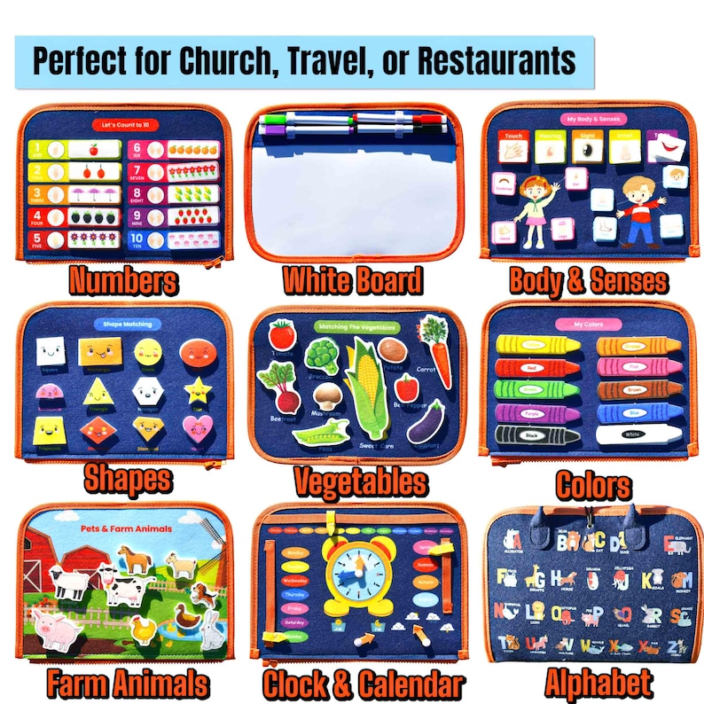 May include: A set of educational activity boards with various themes, including numbers, shapes, vegetables, colors, farm animals, and an alphabet. Each board is navy blue with orange trim and features interactive elements for learning.