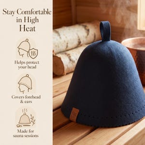 May include: A dark blue felt sauna hat with a top hanging loop and a small brown leather tag. The image includes text: Stay Comfortable in High Heat, Helps protect your head, Covers forehead & ears, and Made for sauna sessions with icons.