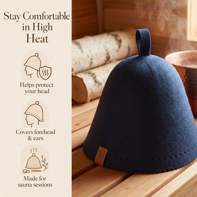 May include: A dark blue felt sauna hat with a top hanging loop and a small brown leather tag. The image includes text: Stay Comfortable in High Heat, Helps protect your head, Covers forehead & ears, and Made for sauna sessions with icons.