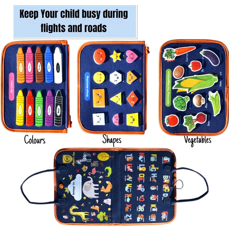 May include: A set of four dark blue fabric activity folders with orange trim. The folders feature educational themes including colors with crayon shapes, geometric shapes, vegetable illustrations, and an alphabet with animal graphics.