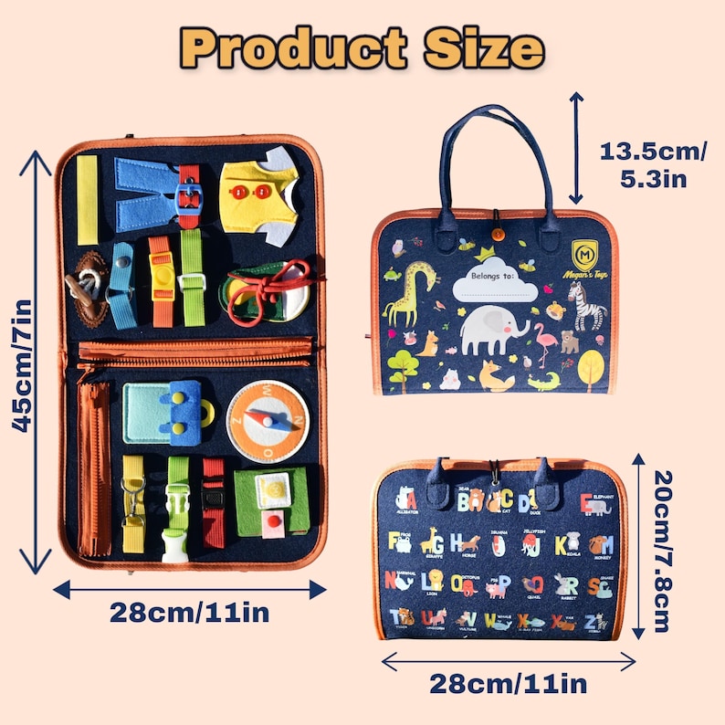 May include: A set of three educational activity boards for children. The largest board is 45cm/17in tall and features buckles, zippers, and other fasteners. The second board is a tote bag with animal illustrations, 13.5cm/5.3in tall. The third board is 20cm/7.8in tall and has the alphabet.