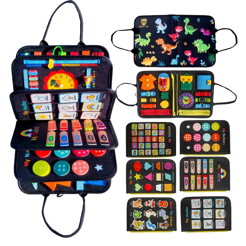 May include: A black felt activity board with multiple interactive elements for children. Features include a clock, color matching, shape sorting, and alphabet learning. Additional boards with dinosaur and weather themes are also shown.