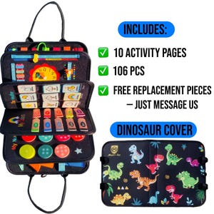 May include: A black felt activity book with a handle, featuring 10 pages of interactive elements like a clock, weather icons, colors, and shapes. The set includes 106 pieces and a dinosaur-patterned cover with the text Megan's Toys.