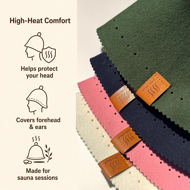 May include: Four felted wool sauna hats in cream, pink, navy blue, and dark green, each featuring a brown leather tag labeled 100% Wool. The image includes text: High-Heat Comfort, Helps protect your head, Covers forehead & ears, Made for sauna sessions.