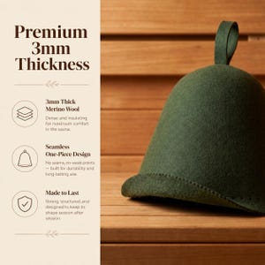 May include: A dark green felt sauna hat with a hanging loop and a seamless one-piece design. The text on the left reads Premium 3mm Thickness, 3mm Thick Merino Wool, Seamless One-Piece Design, and Made to Last, highlighting the material and build.