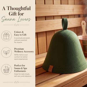 May include: A dark green felt sauna hat with a top hanging loop and a small brown rectangular tag at the base. The text on the left reads: A Thoughtful Gift for Sauna Lovers, Unisex & Easy to Gift, Premium Wellness Accessory, and Perfect for Sauna & Spa Enthusiasts.