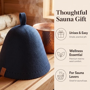 May include: A dark blue felt sauna hat with a small loop at the top and a brown tag on the side. The text on the right reads: Thoughtful Sauna Gift, Unisex & Easy, Wellness Essential, Premium merino wool comfort, and For Sauna Lovers.
