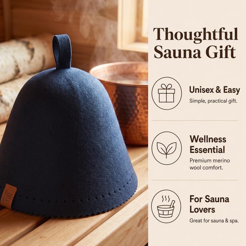 May include: A dark blue felt sauna hat with a small loop at the top and a brown tag on the side. The text on the right reads: Thoughtful Sauna Gift, Unisex & Easy, Wellness Essential, Premium merino wool comfort, and For Sauna Lovers.