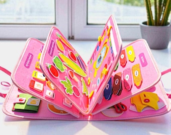 Pink Montessori Busy Board Ages 3+ | Preschool Quiet Book | Personalized Name | Travel Toy | Gift for 3 4 5 Year Old Girls | Sensory Play