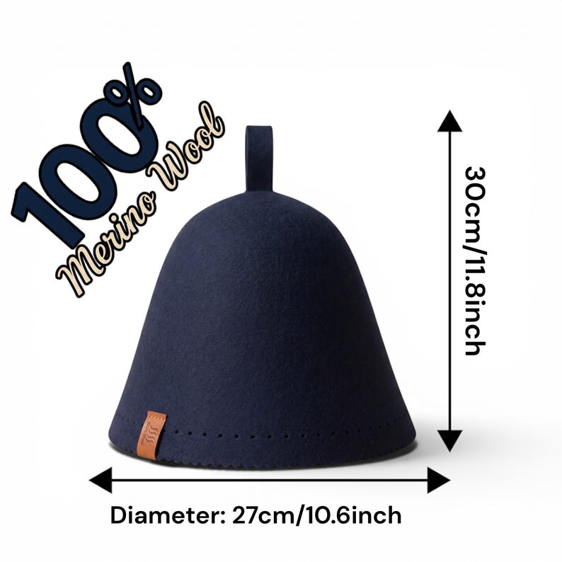 May include: A dark blue felt sauna hat with a small hanging loop at the top and a brown leather tag. The text 100% Merino Wool is visible. Dimensions are 11.8 inches in height and 10.6 inches in diameter as indicated by the measurement arrows.