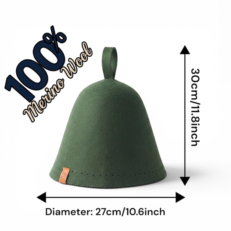 May include: A dark green felt sauna hat with a top hanging loop and a small brown leather tag. The hat is labelled 100% Merino Wool and measures 30 cm in height and 27 cm in diameter as indicated by the visible measurement markers on the image.