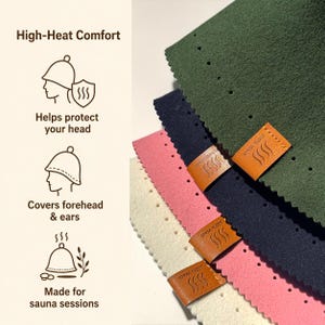May include: Four felted wool sauna hats in cream, pink, navy blue, and dark green, each featuring a brown leather tag labelled 100% Wool. The image includes text: High-Heat Comfort, Helps protect your head, Covers forehead & ears, Made for sauna sessions.