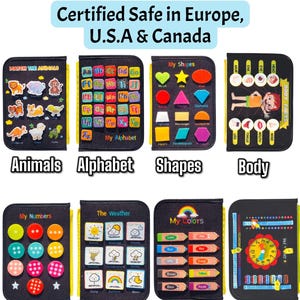 May include: Educational felt activity boards for children, featuring Animals, Alphabet, Shapes, Body, Numbers, Weather, Colors, and Calendar themes. The boards are black with colorful illustrations and text, and are certified safe in Europe, U.S.A & Canada.