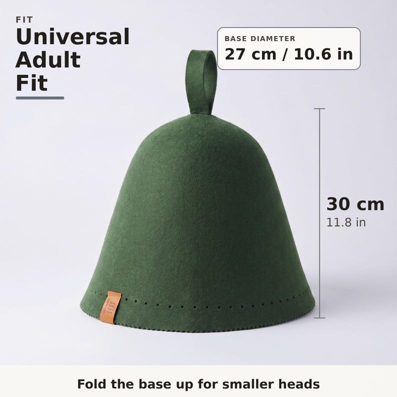May include: A dark green felt sauna hat with a top hanging loop and a small brown leather tag. Text indicates a universal adult fit, a base diameter of 27 cm, and a height of 30 cm. Text also states to fold the base up for smaller heads.