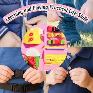 May include: A pink fabric activity board with various practical life skills activities. The board includes a zipper, buttons, buckles, shoelaces, and other fasteners. The text "Learning and Playing Practical Life Skills" is displayed on the top.