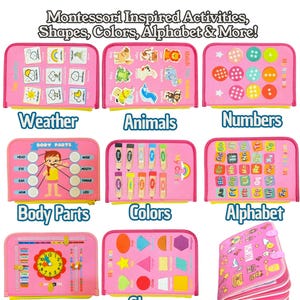 May include: A pink Montessori-inspired activity book with various learning themes. The book features sections for weather, animals, numbers, body parts, colors, the alphabet, time, and shapes. Each section has colorful illustrations and interactive elements.